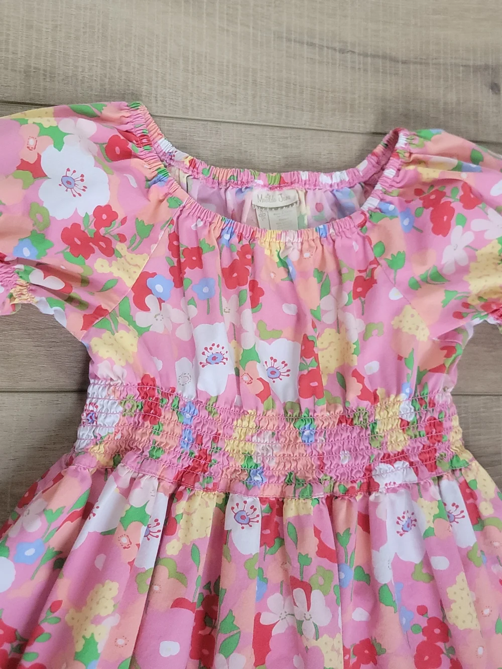 Matilda Jane Girls Pink Floral Good Luck Charm Puff Sleeves Smocked Dress Size 8